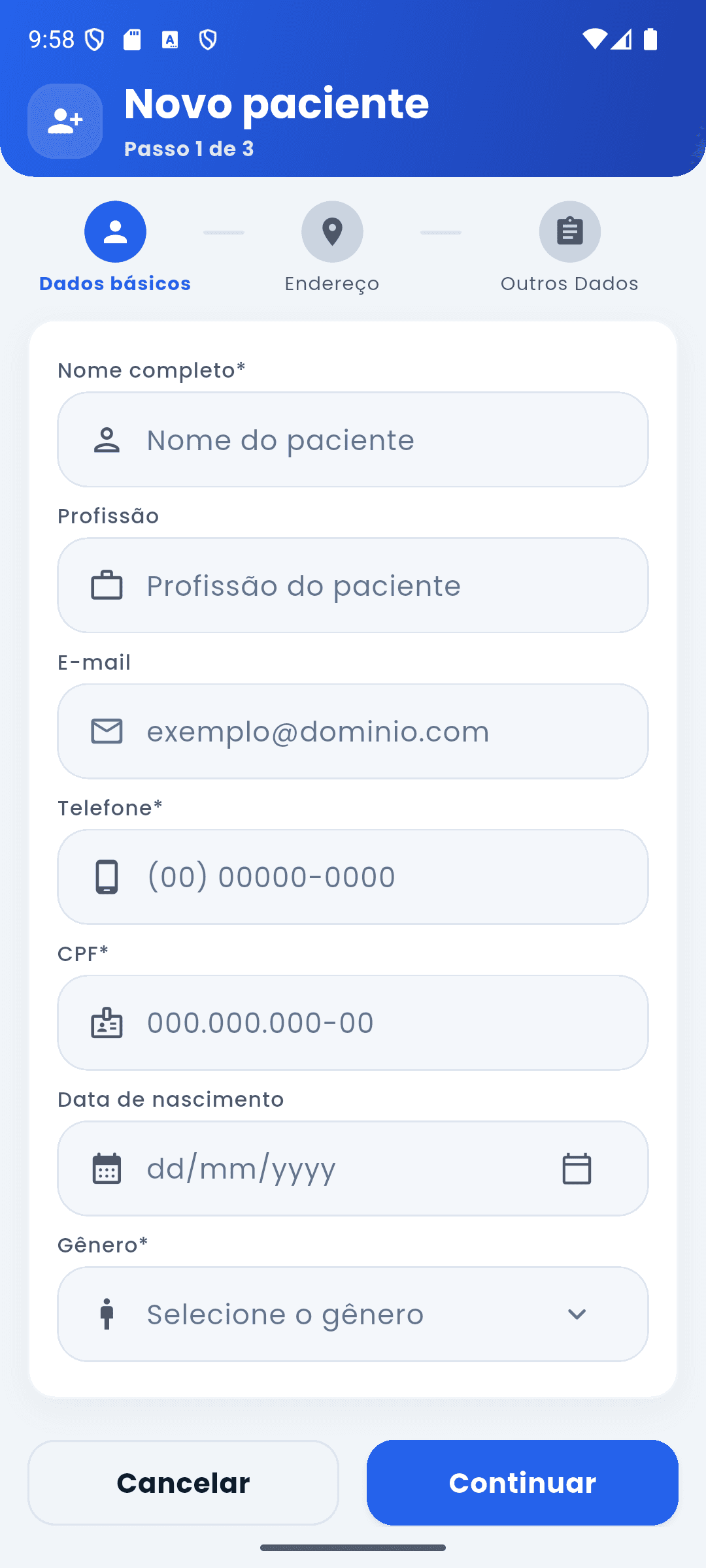 Formulário vazio de novo paciente no Kineti, com etapas de dados básicos, endereço e outros dados